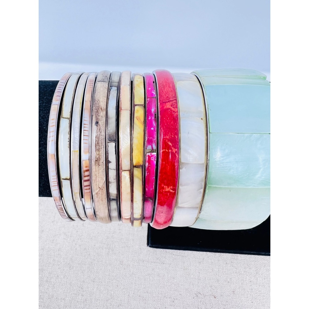 Vintage l Shell Multicolor Inlay Bangle & Cuff Bracelet Lot of 18 - Picture 8 of 16